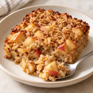 Apple cinnamon baked oatmeal on a cream plate with a spoonful beside its tender cut edge.