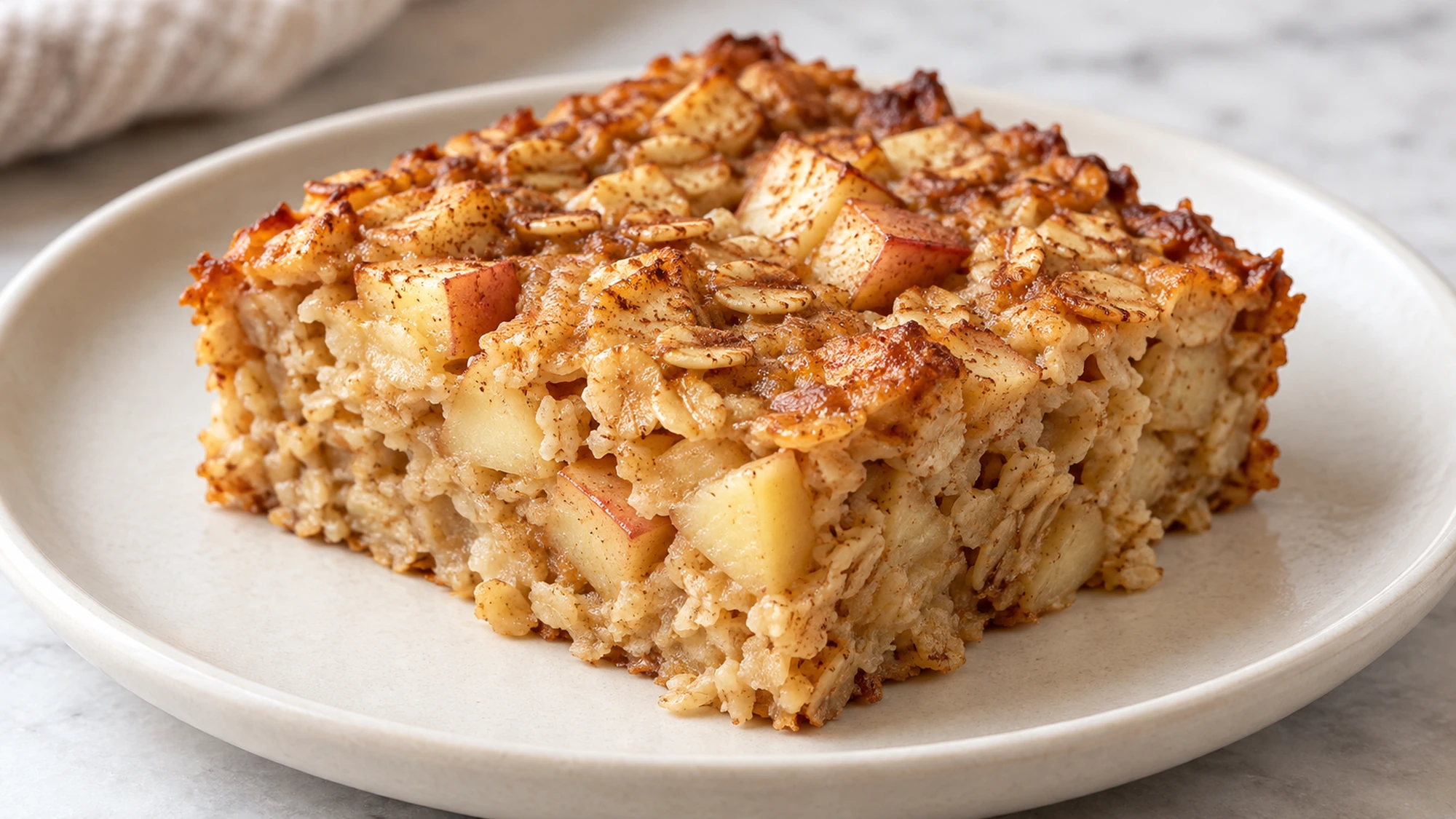 A plain square of apple cinnamon baked oatmeal showing its moist oat-and-apple interior.