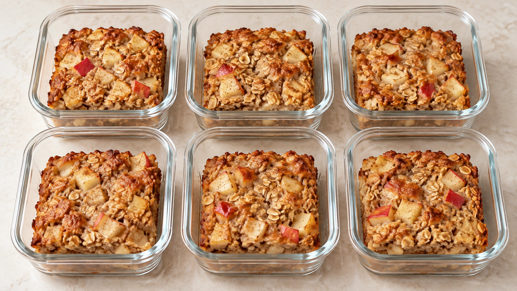 Six portions of apple cinnamon baked oatmeal in individual glass breakfast containers.