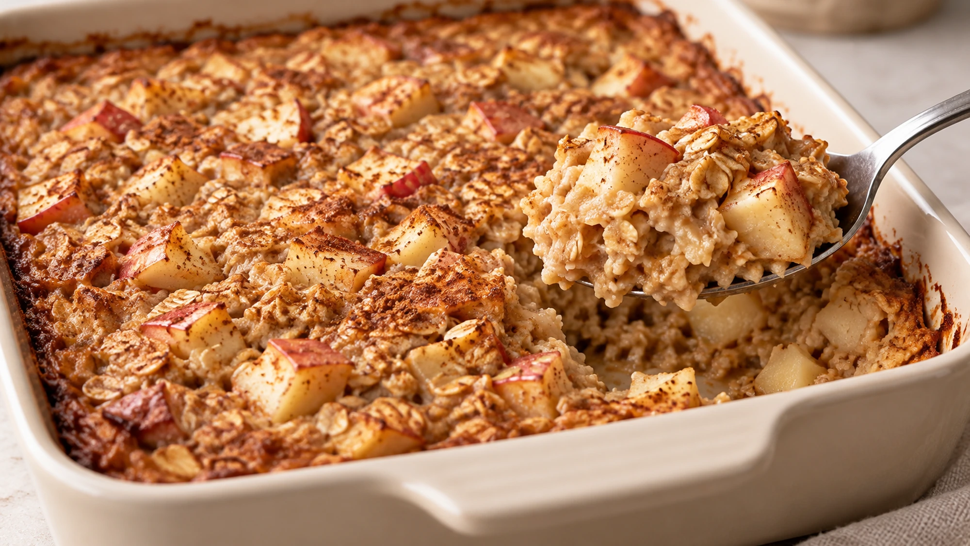 Spoon lifting moist apple cinnamon baked oatmeal to reveal tender oats and diced apples.