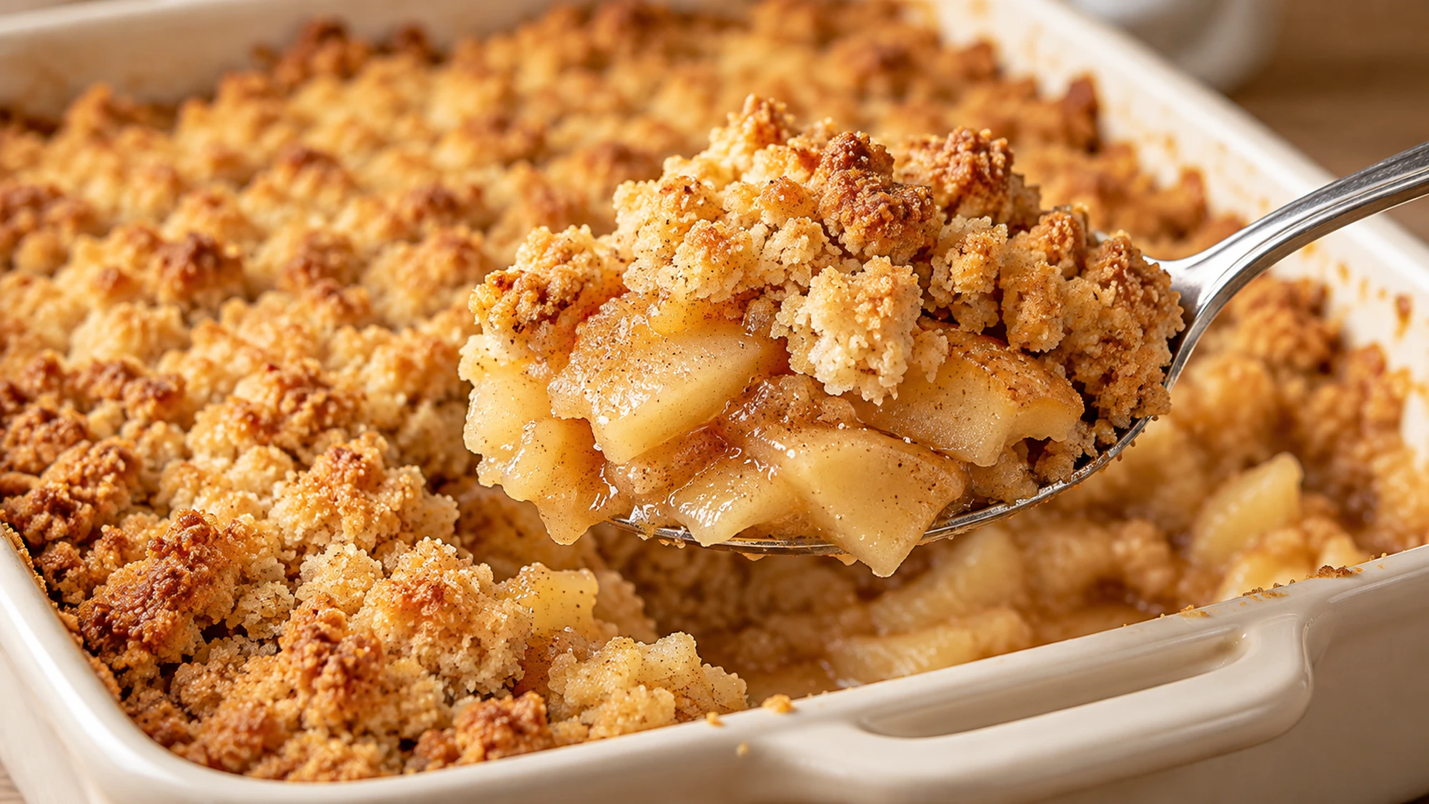Spoon lifting tender peeled apple slices and golden flour-butter crumbs from apple crumble.