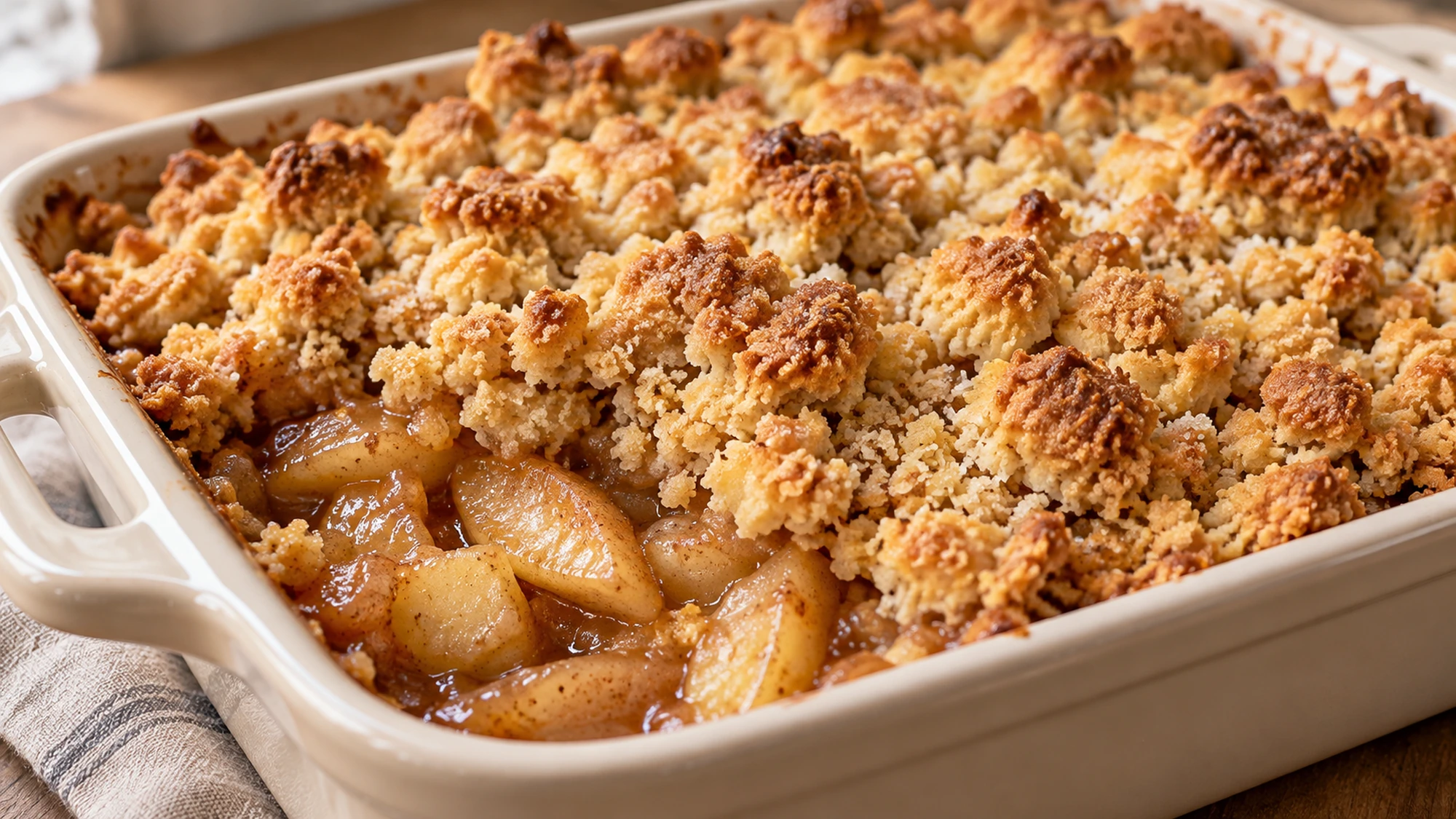 Close view of irregular golden crumble clusters and bubbling apple filling at the edge of the baking dish.