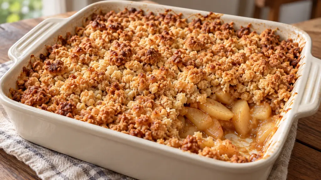 Freshly baked apple crumble in a square cream dish with golden buttery crumbs and soft cinnamon apples.