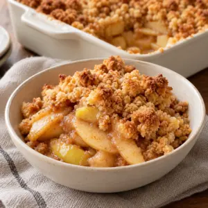 A generous spooned portion of apple crumble with tender apple slices beneath golden buttery crumbs.