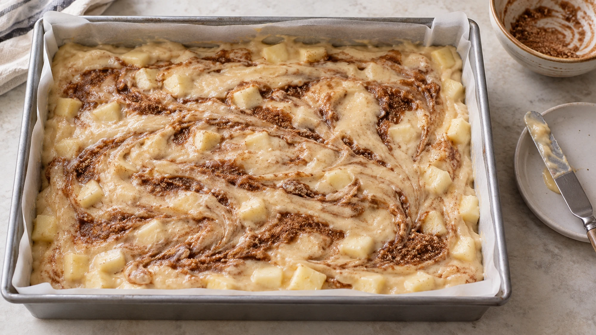 Unbaked apple fritter cake batter lightly swirled with cinnamon brown sugar in a lined pan.