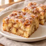 Two apple fritter cake squares with tender apple pockets and cinnamon swirls on a plate.