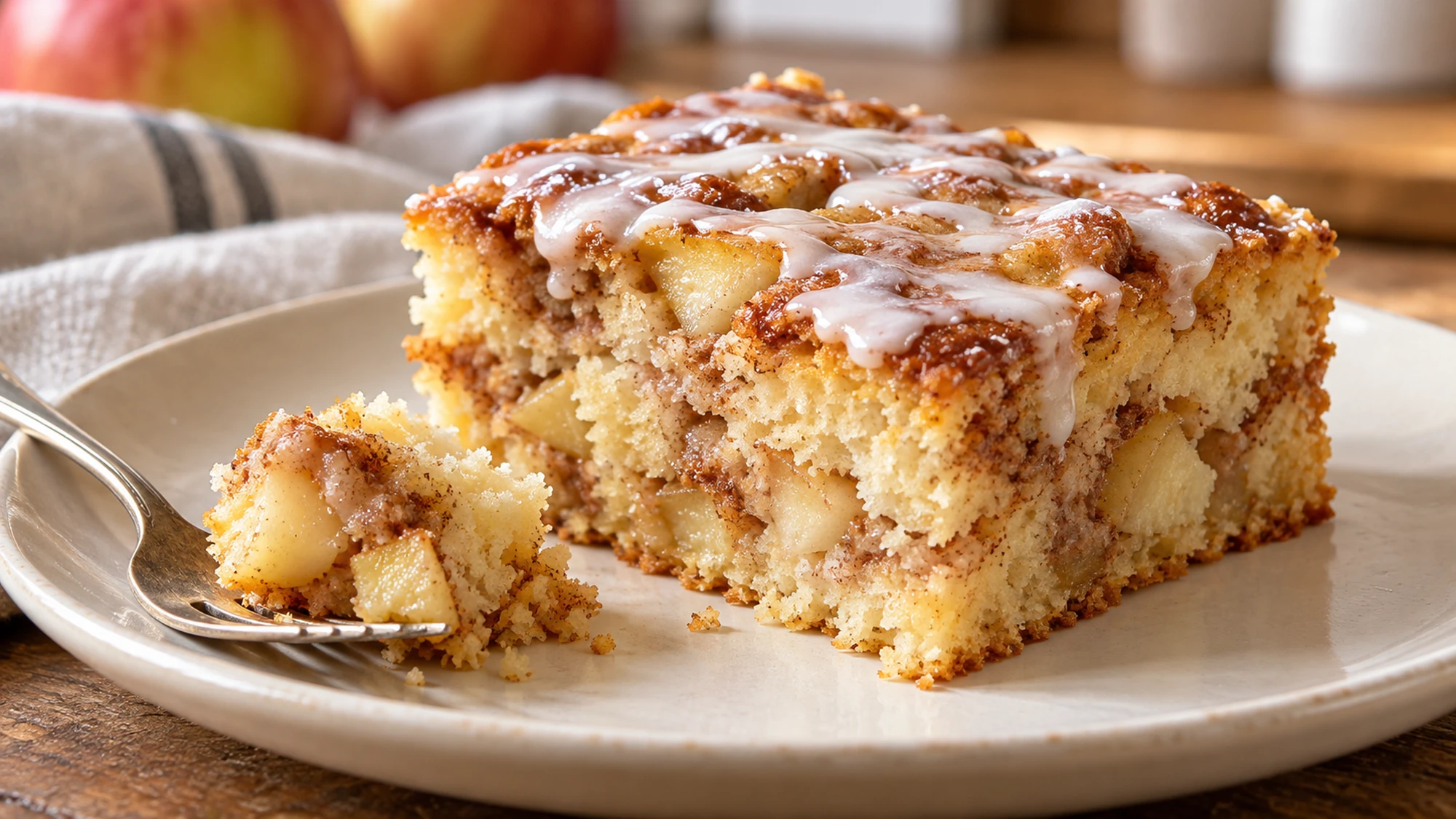 A glazed apple fritter cake square on a plate with a bite revealing the apple-filled crumb.