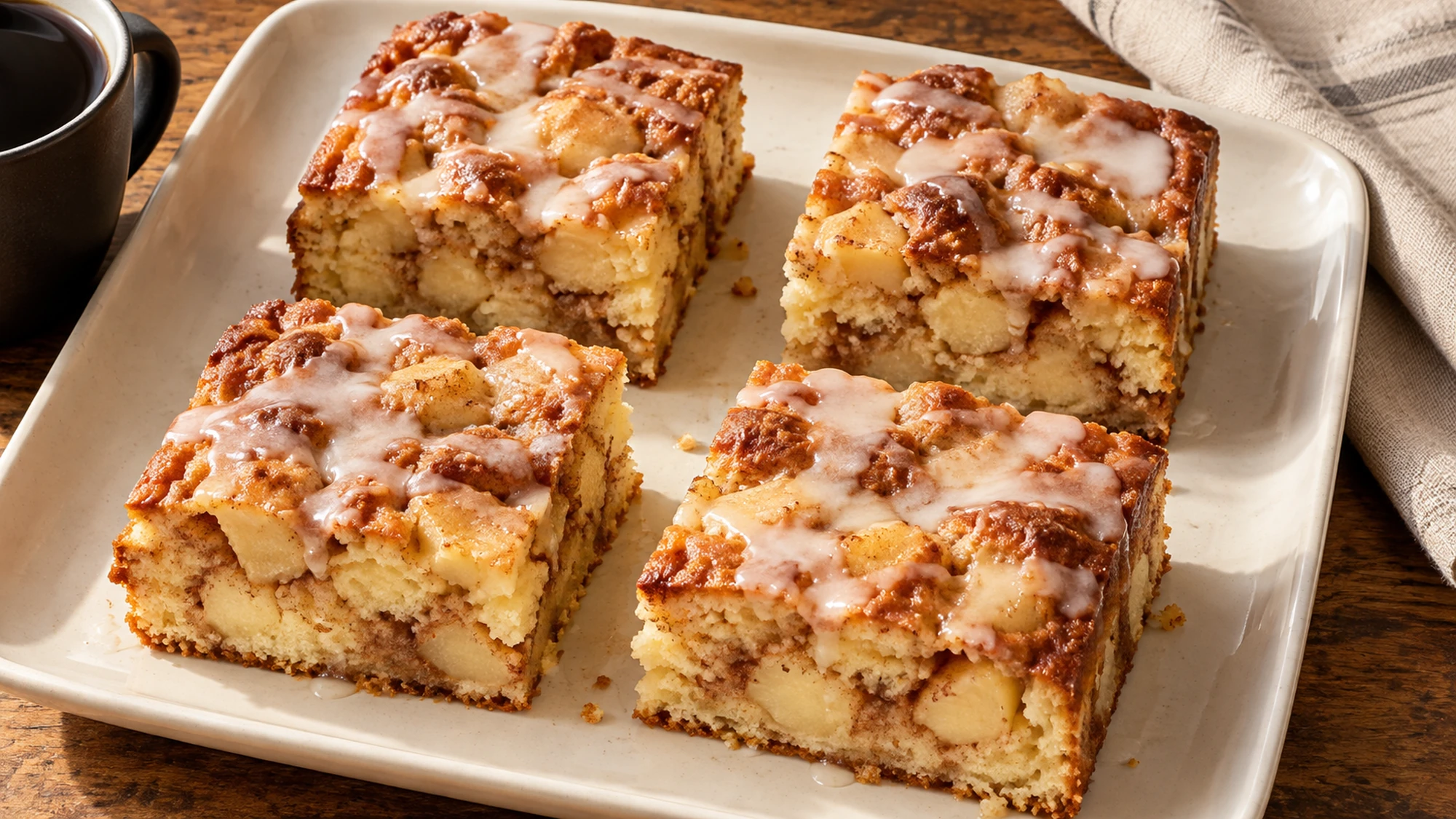 Four glazed apple fritter cake squares arranged on an ivory serving plate.