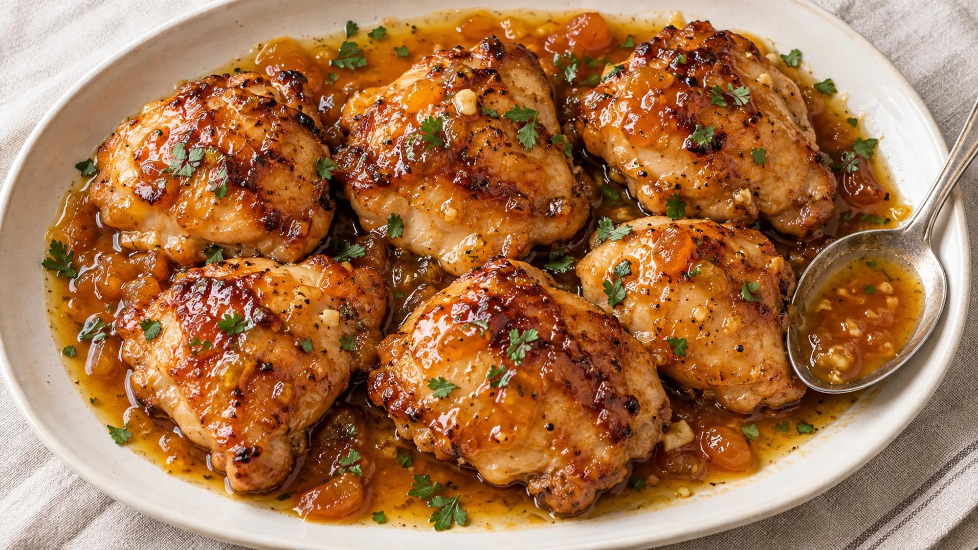 Apricot-glazed chicken thighs on a cream serving platter with a spoonful of sauce.