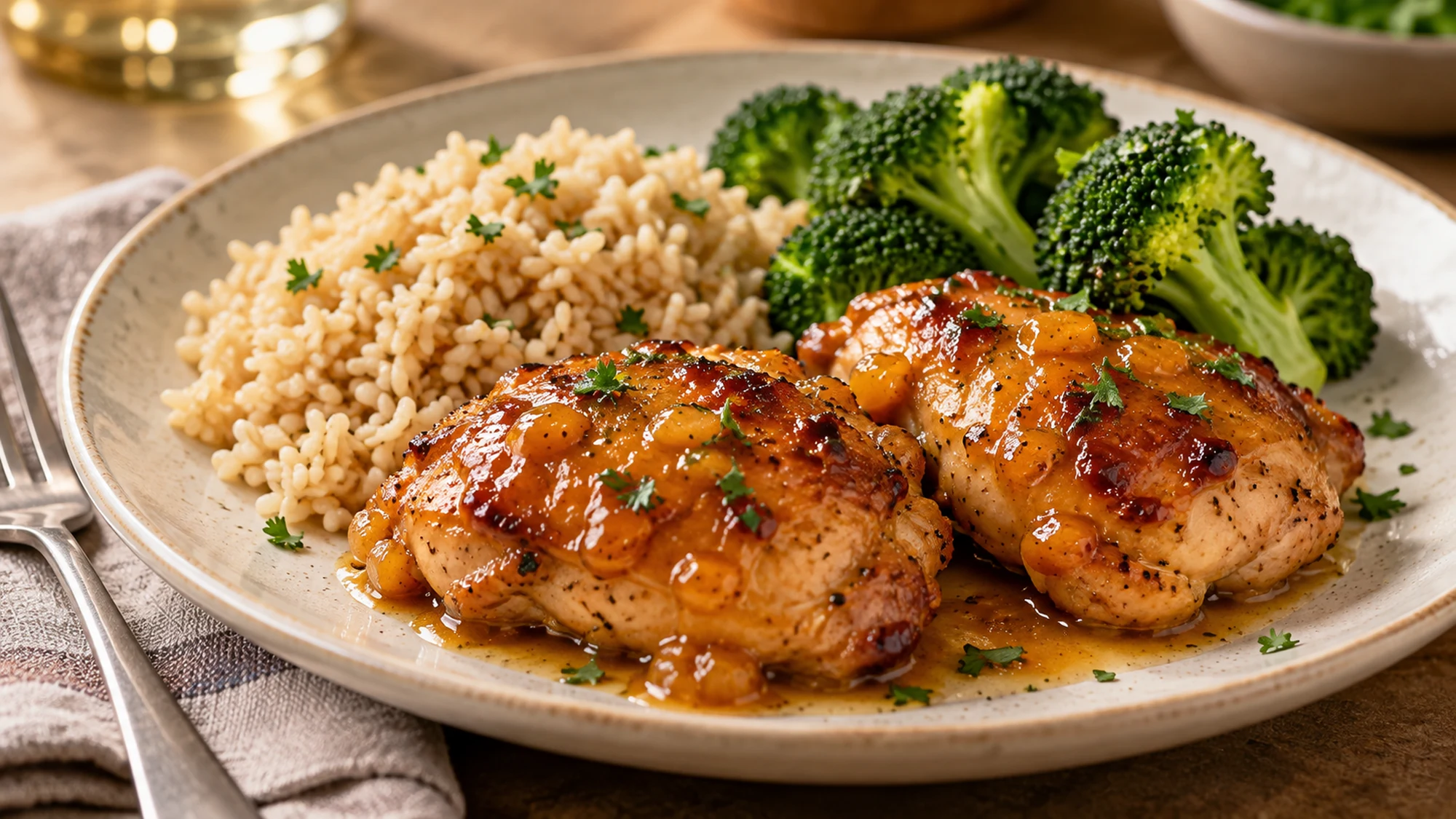 Apricot chicken served with brown rice and steamed broccoli.