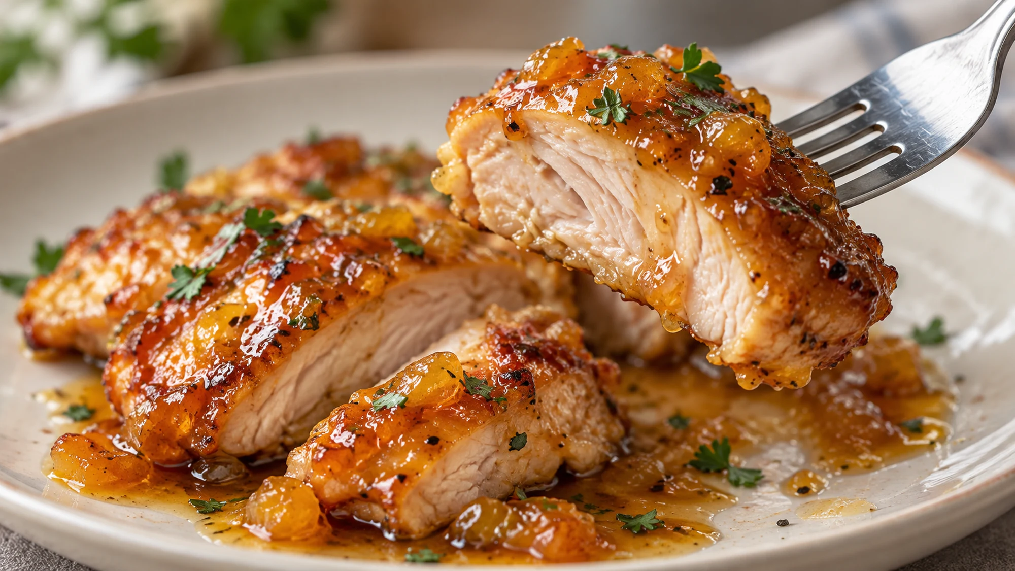 A fork lifting sliced apricot-glazed chicken to show its cooked interior.