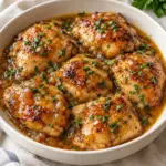 Boneless apricot chicken thighs with glossy Dijon glaze and a little chopped parsley.