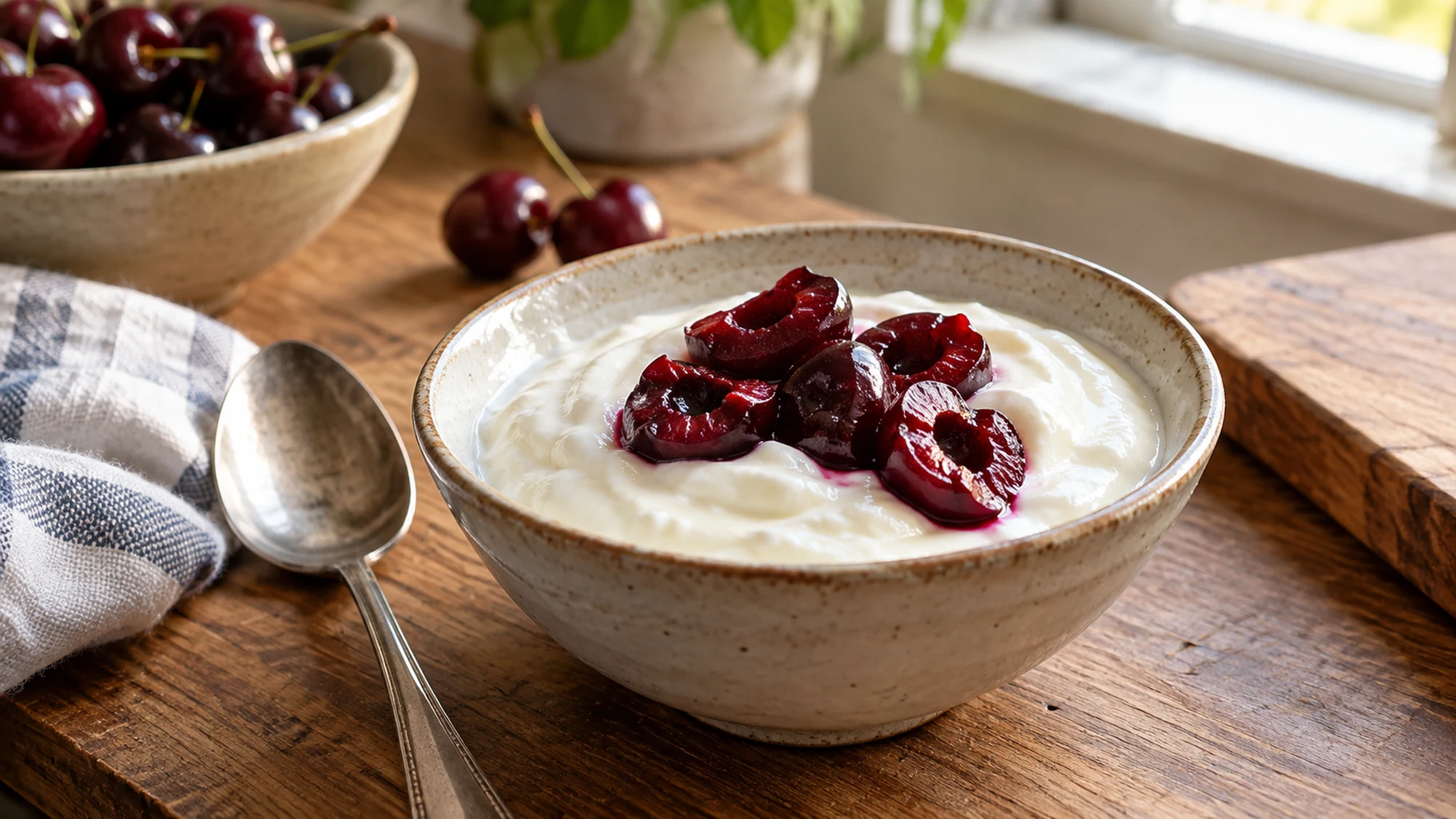 Pitted cherries served with plain yogurt