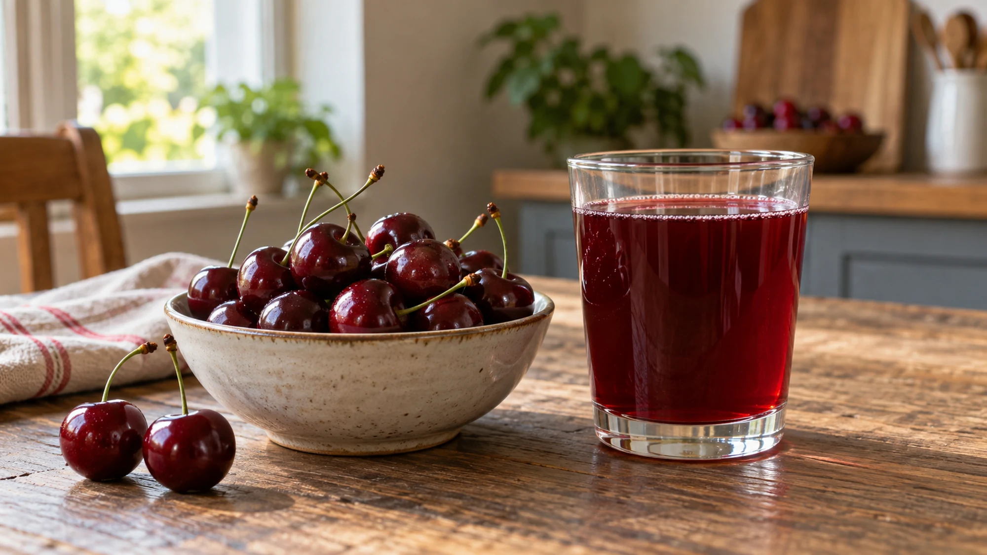 Fresh cherries beside a small glass of dark cherry juice