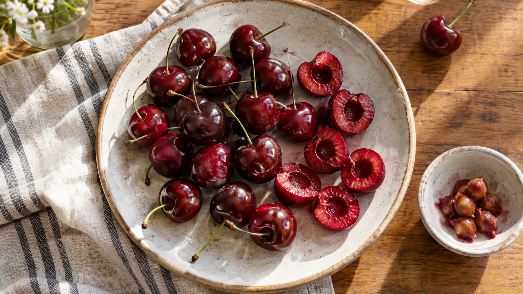 Whole and pitted sweet cherries on a pale plate