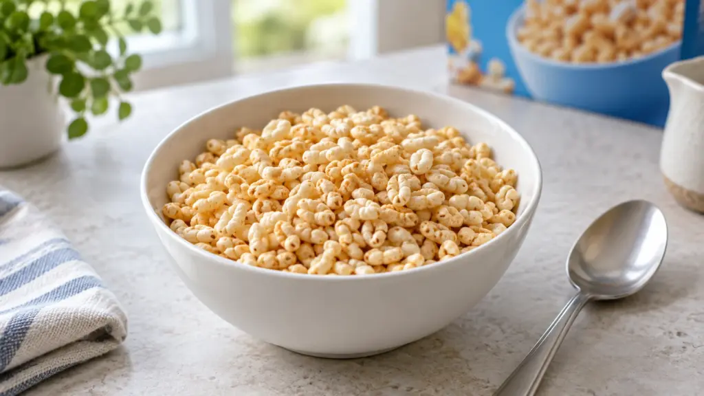 A bowl of golden crisped rice cereal beside a spoon and unbranded cereal carton.