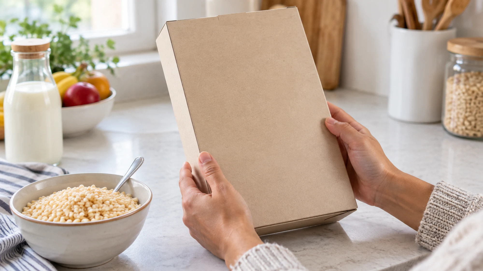 Hands holding the blank rear of an unbranded cereal carton beside a breakfast bowl.