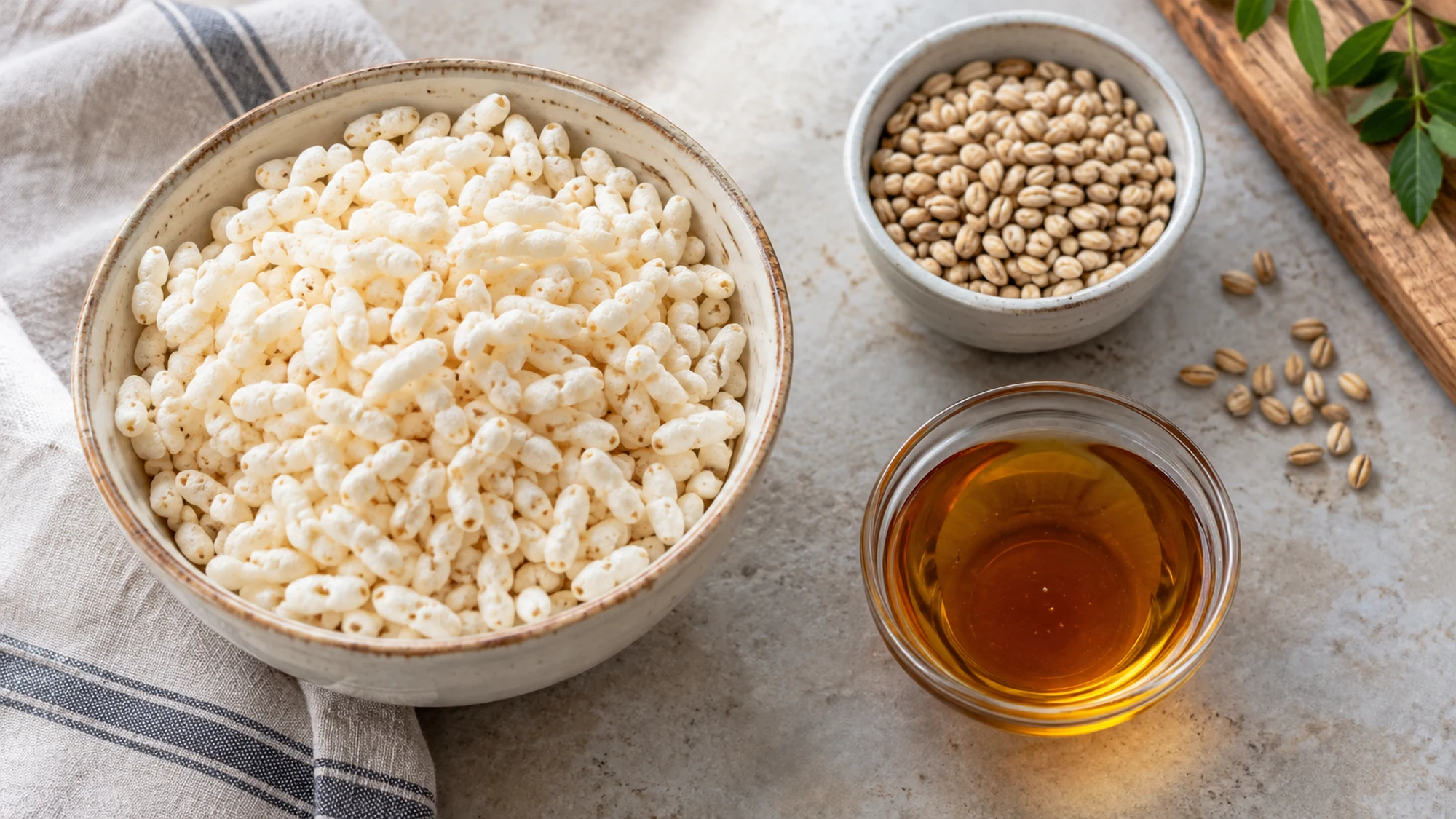 Puffed rice cereal beside separate bowls of barley grains and amber malt syrup.