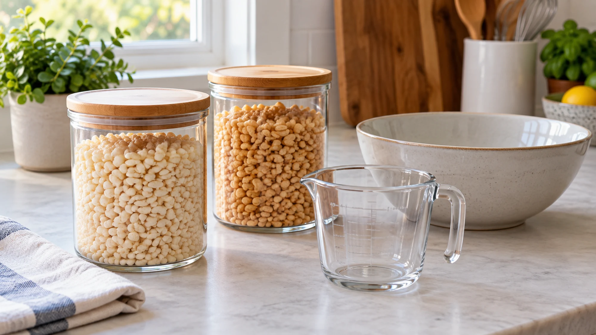 Separate closed cereal containers beside a clean measuring cup and mixing bowl.