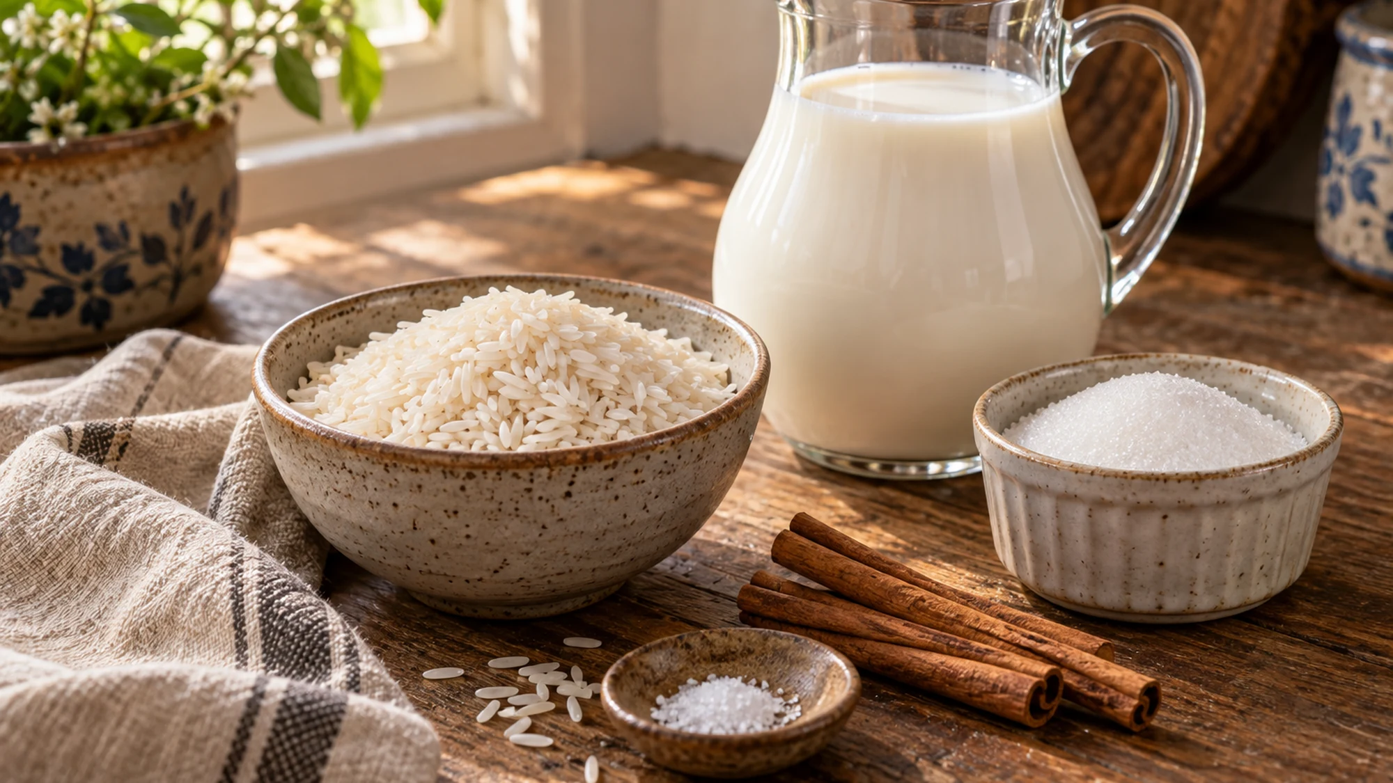 Long-grain rice, whole milk, sugar, cinnamon sticks and salt for arroz con leche.