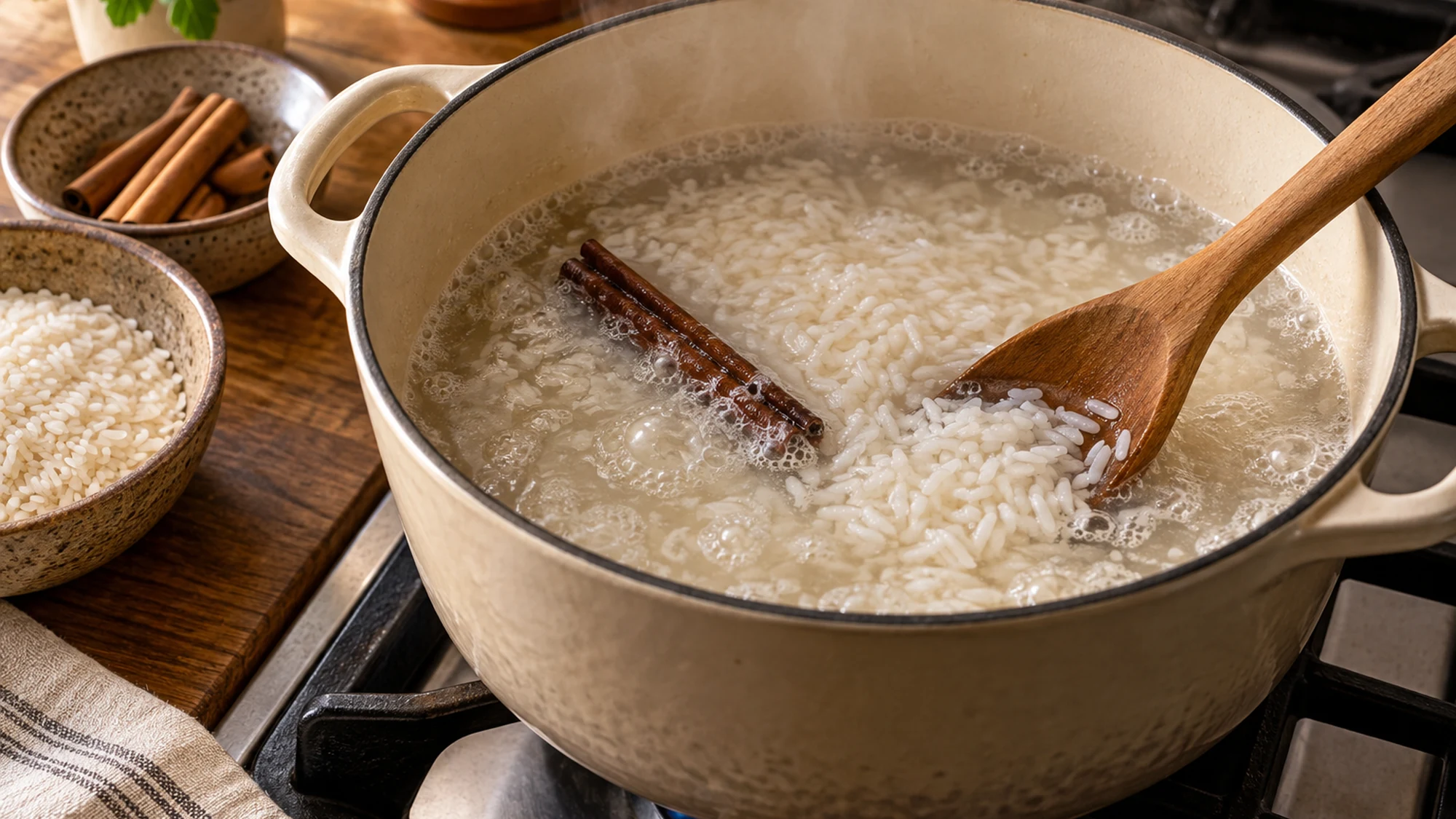 Rice simmering with a cinnamon stick in water before milk is added.