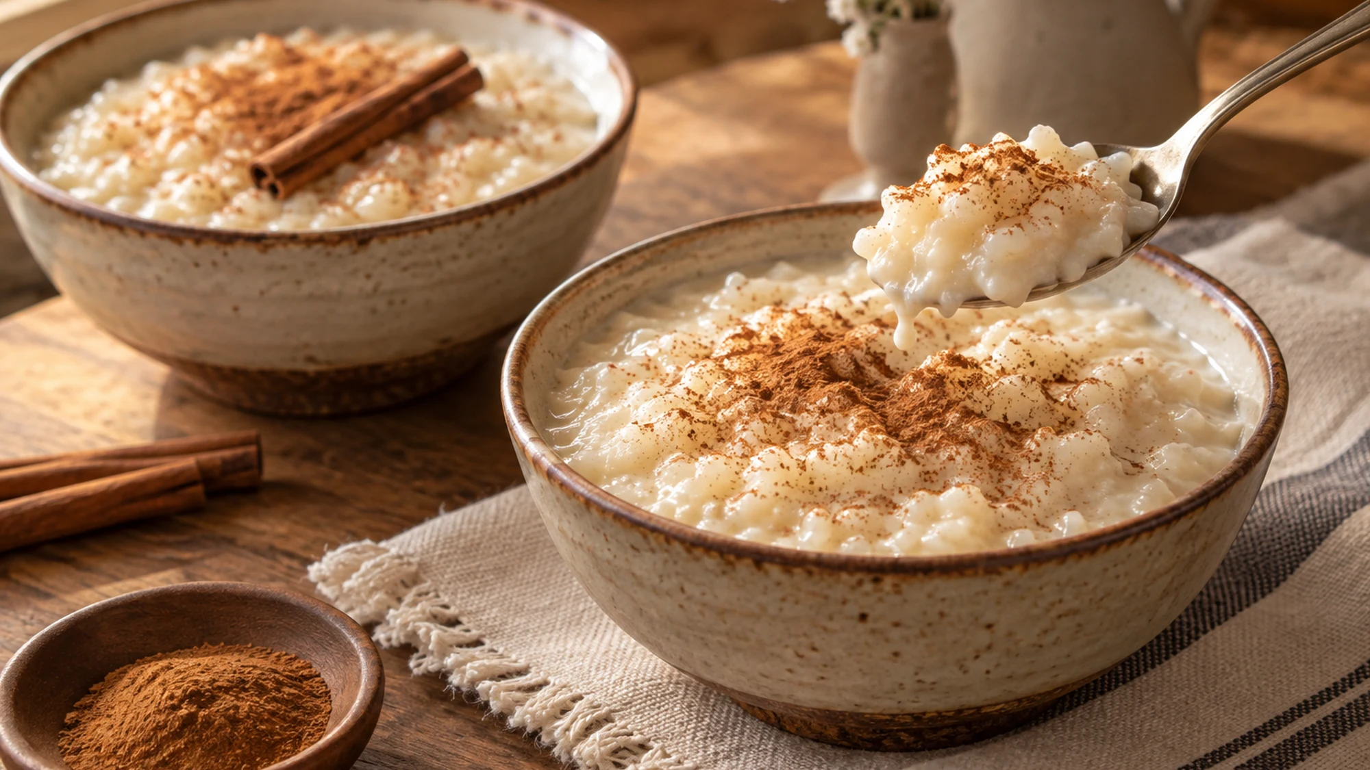 Two bowls of finished cinnamon arroz con leche, one with a spoonful lifted.