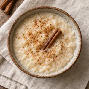 Square overhead bowl of cinnamon arroz con leche