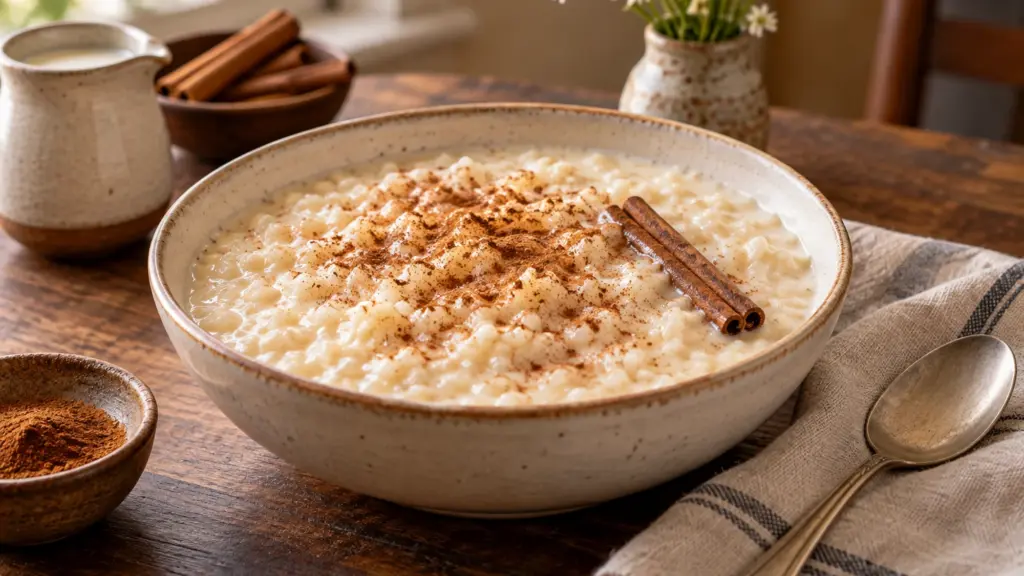 Creamy arroz con leche in a ceramic bowl with cinnamon