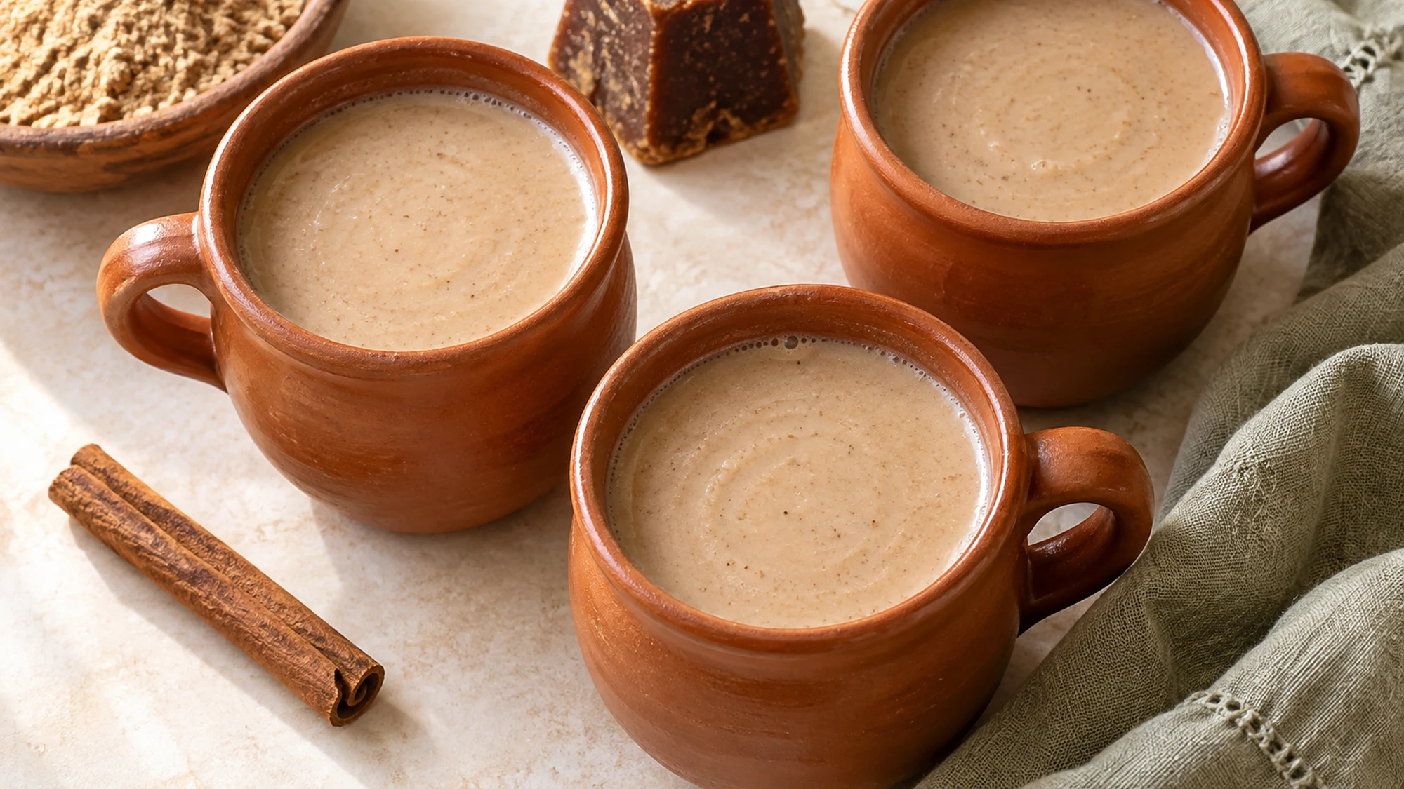 Three mugs of creamy atole de pinole viewed from above.