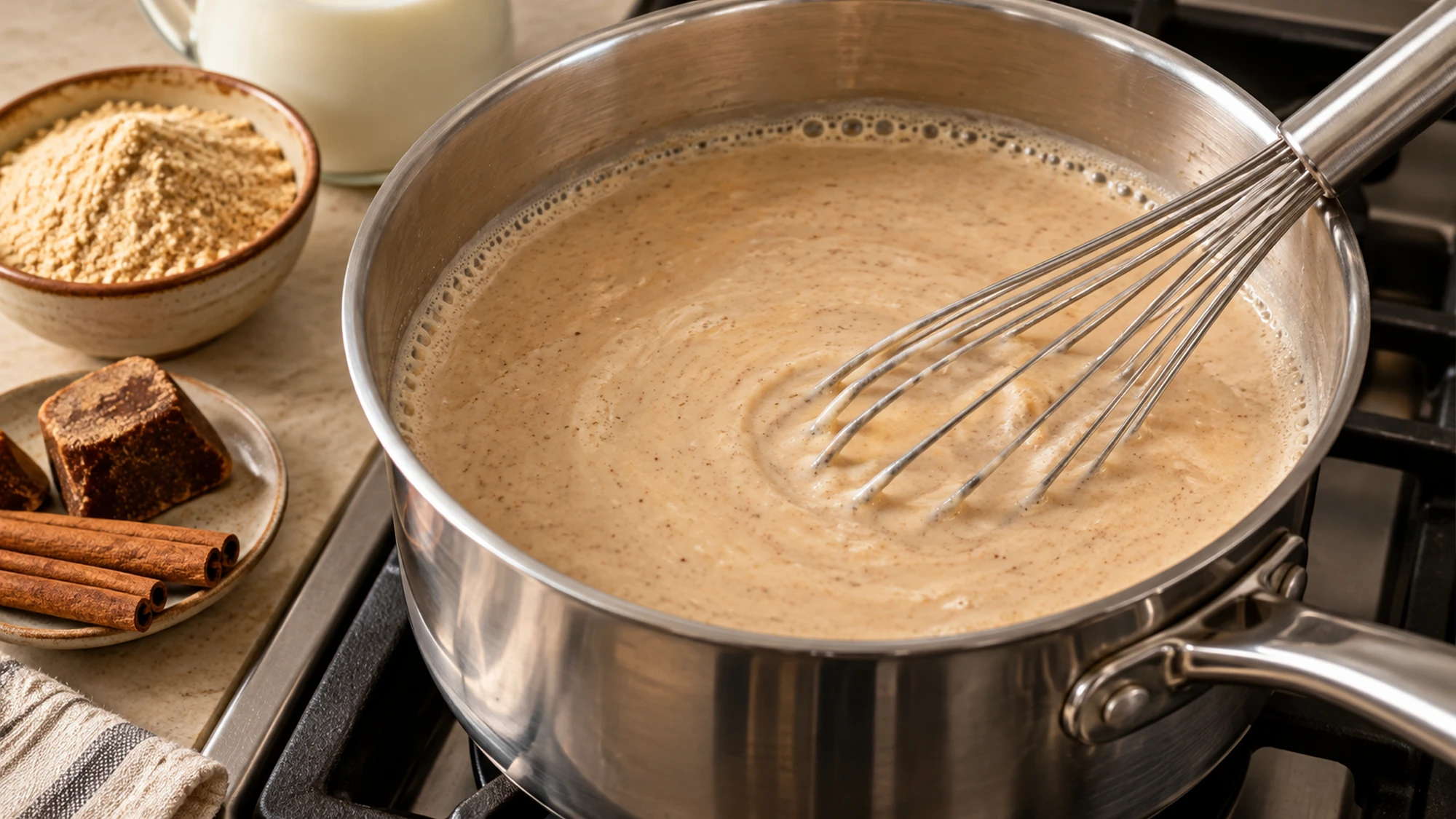 A whisk in a saucepan of lightly thickened atole de pinole on the stove.