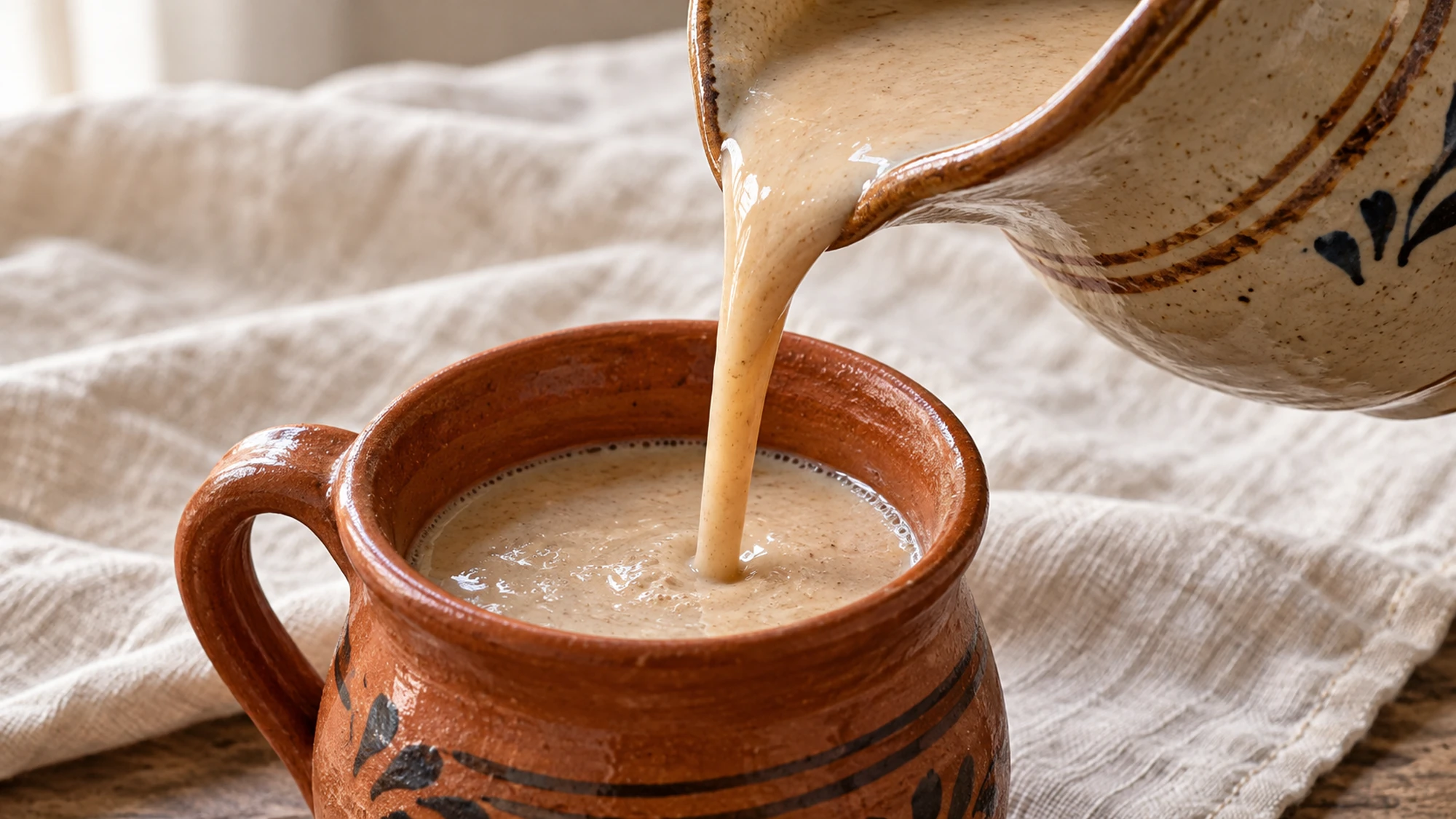 A pitcher pouring a smooth stream of atole de pinole into a terracotta mug.