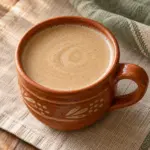 A square close-up of a terracotta mug filled with warm atole de pinole.