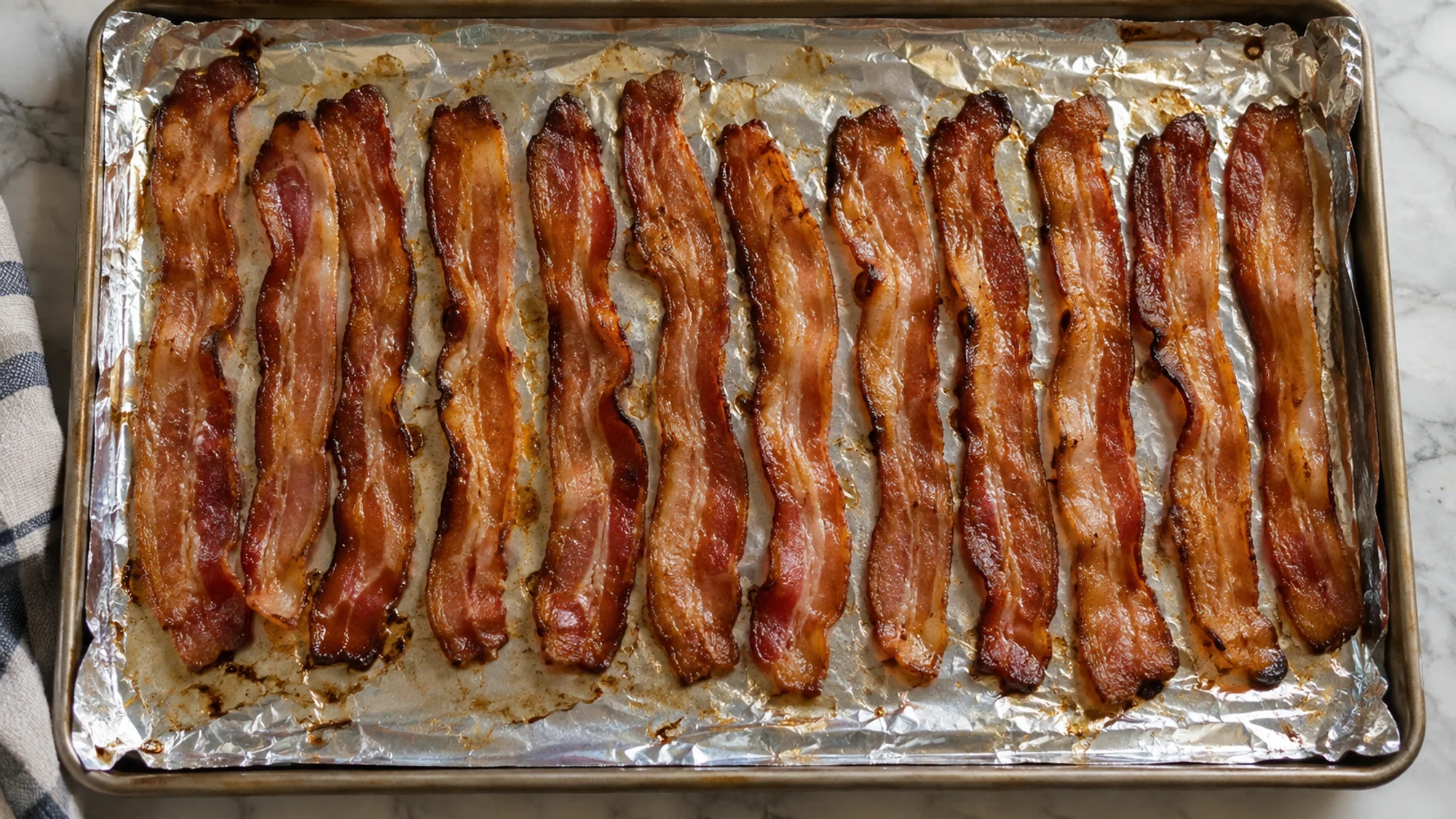 Thick-cut bacon cooked in one layer on a foil-lined rimmed baking sheet.