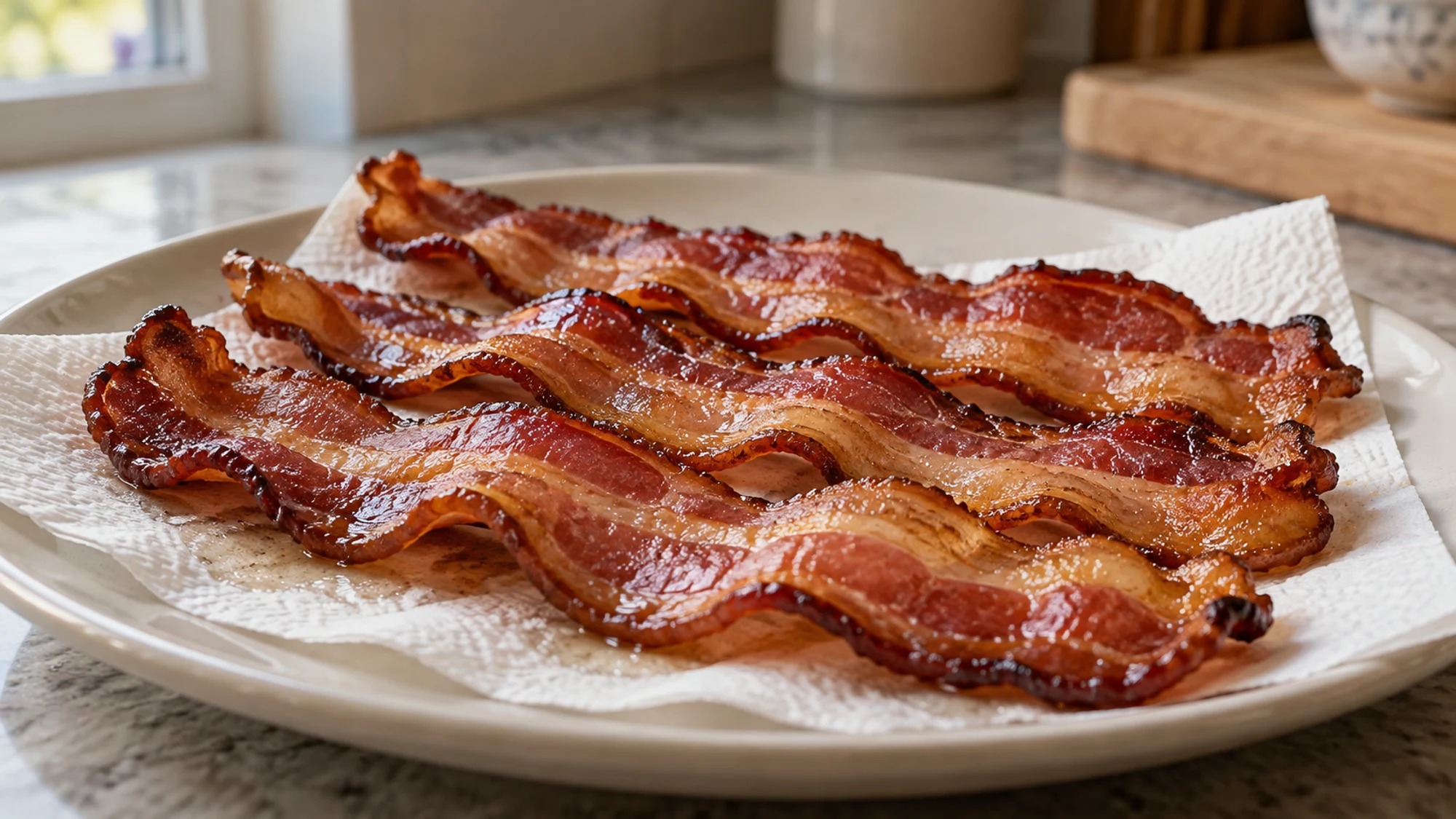 Cooked thick-cut bacon draining on a paper-towel-lined plate.
