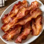 Square view of plain thick-cut oven bacon with rendered fat and crisp edges.