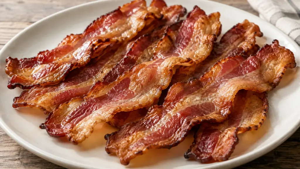 Plain thick-cut oven bacon with golden crisp edges on an ivory plate.