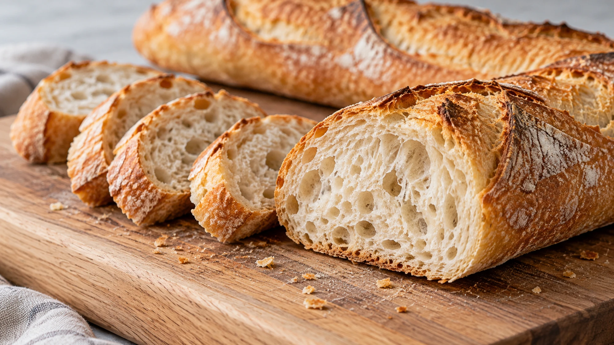 Sliced baguette showing a cream-colored irregular crumb beneath a crisp golden crust.