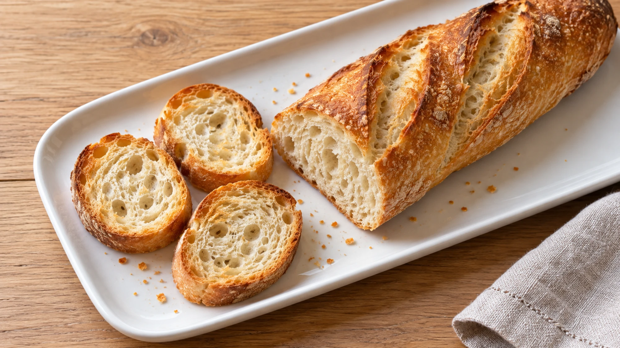 Plain baguette slices and a golden loaf arranged on a white serving platter.