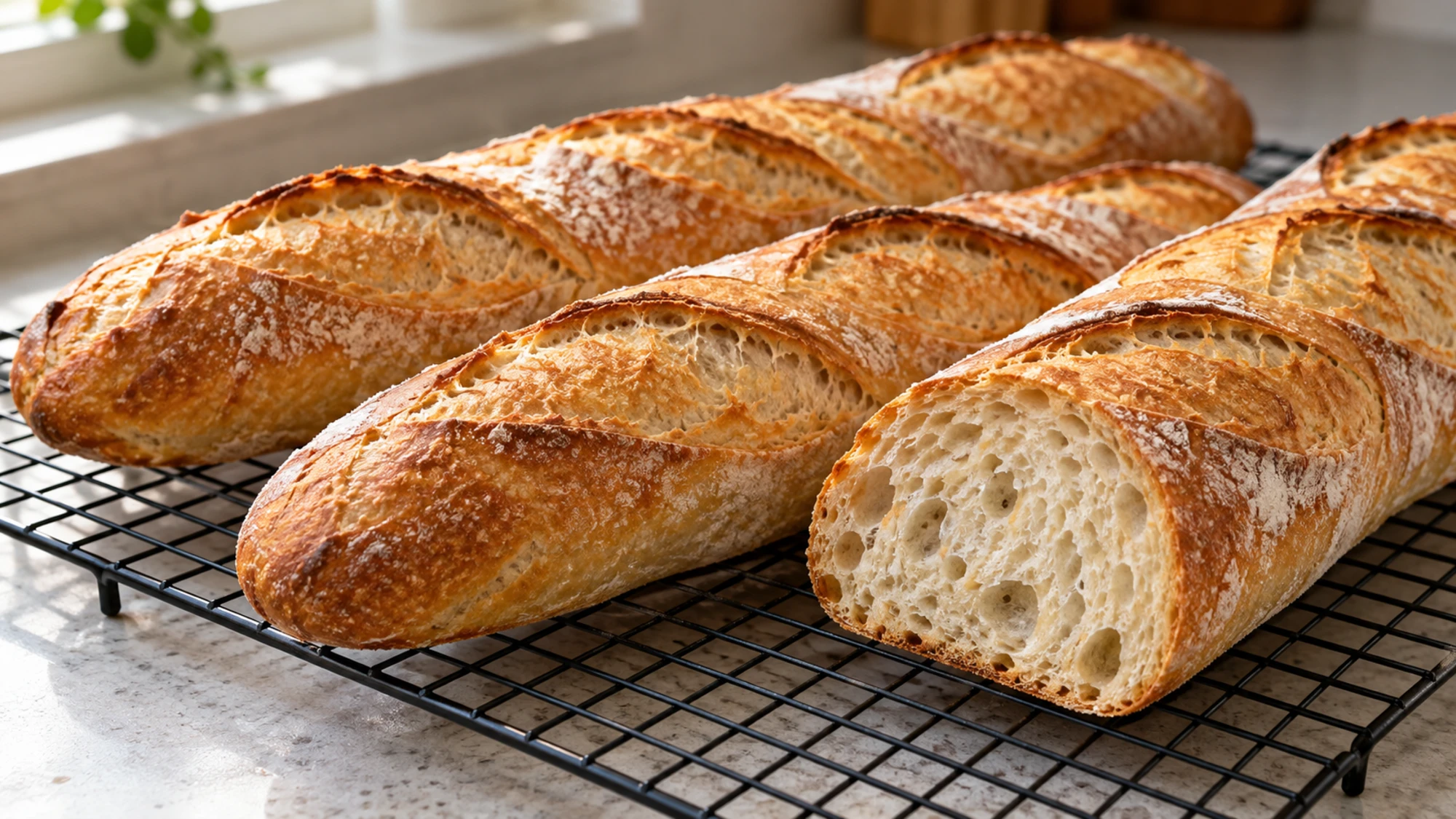 Three golden baguettes on a wire rack, with one cut to show the airy center.