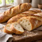 Homemade golden baguettes and thick slices on a linen-covered wooden board.