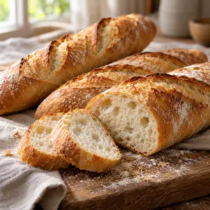 Homemade golden baguettes and thick slices on a linen-covered wooden board.