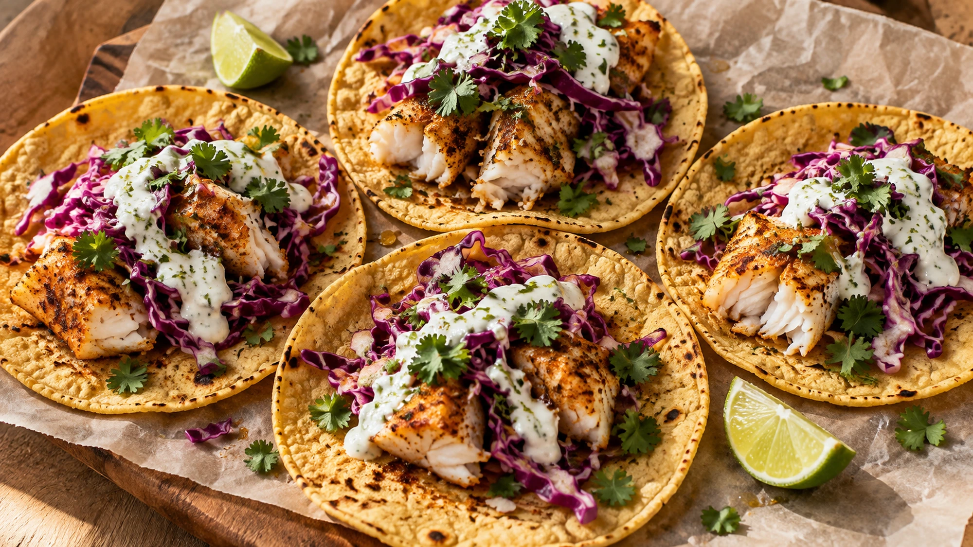 Four warm corn tortillas topped with flaky seasoned cod, shredded red cabbage and yogurt sauce.