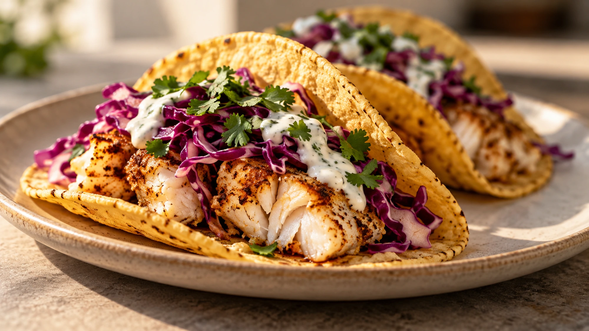 Close view of tender cod flakes, crunchy cabbage and lime yogurt sauce inside a corn tortilla.