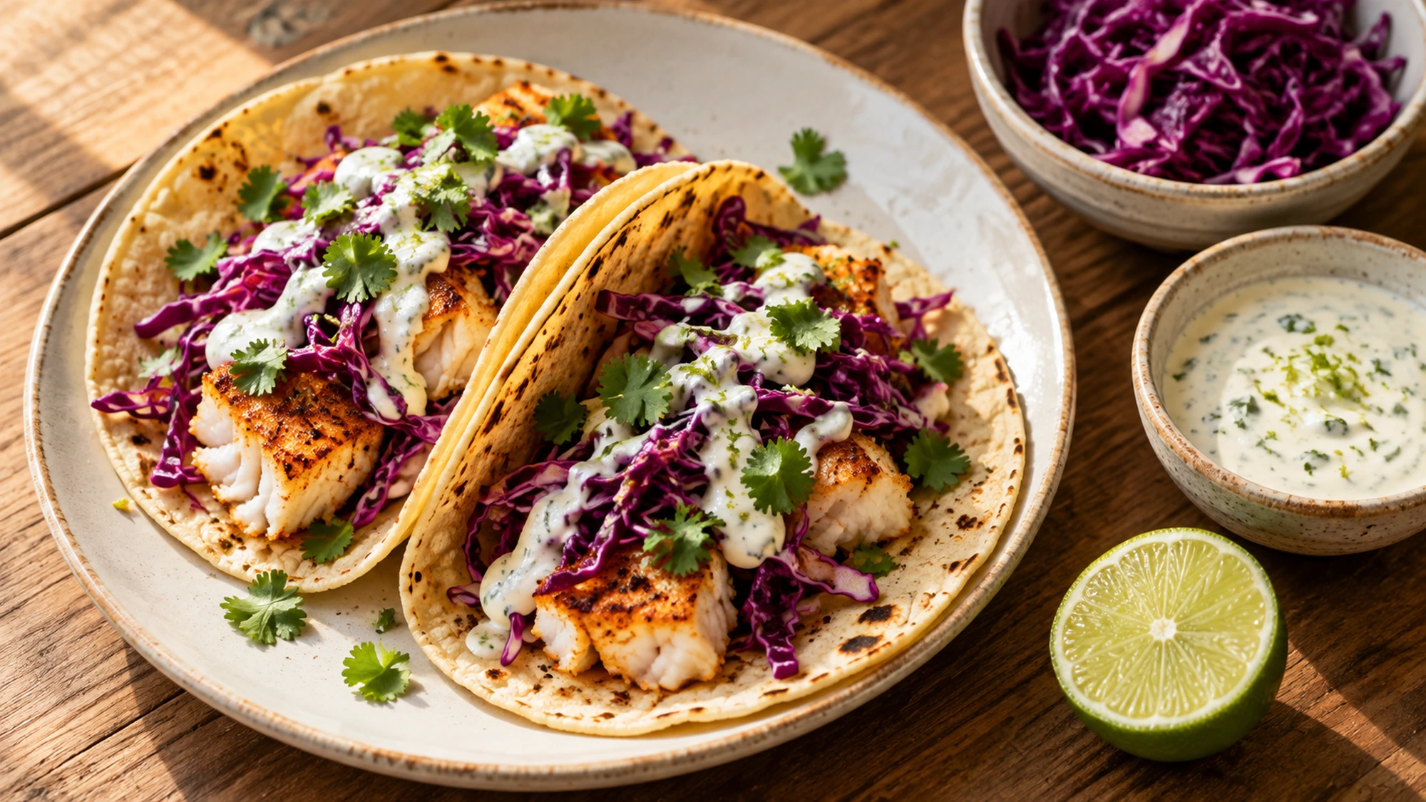 Cod tacos served with separate bowls of shredded cabbage and lime yogurt sauce.