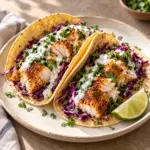 Two baked cod tacos with red cabbage, cilantro and white lime yogurt sauce on a round plate.