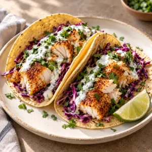 Two baked cod tacos with red cabbage, cilantro and white lime yogurt sauce on a round plate.