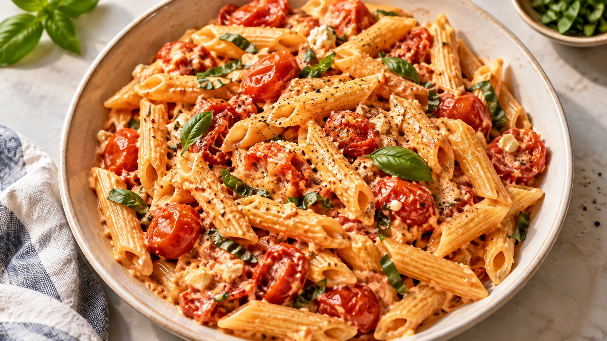 Penne coated with creamy tomato-feta sauce and basil in a shallow cream bowl.