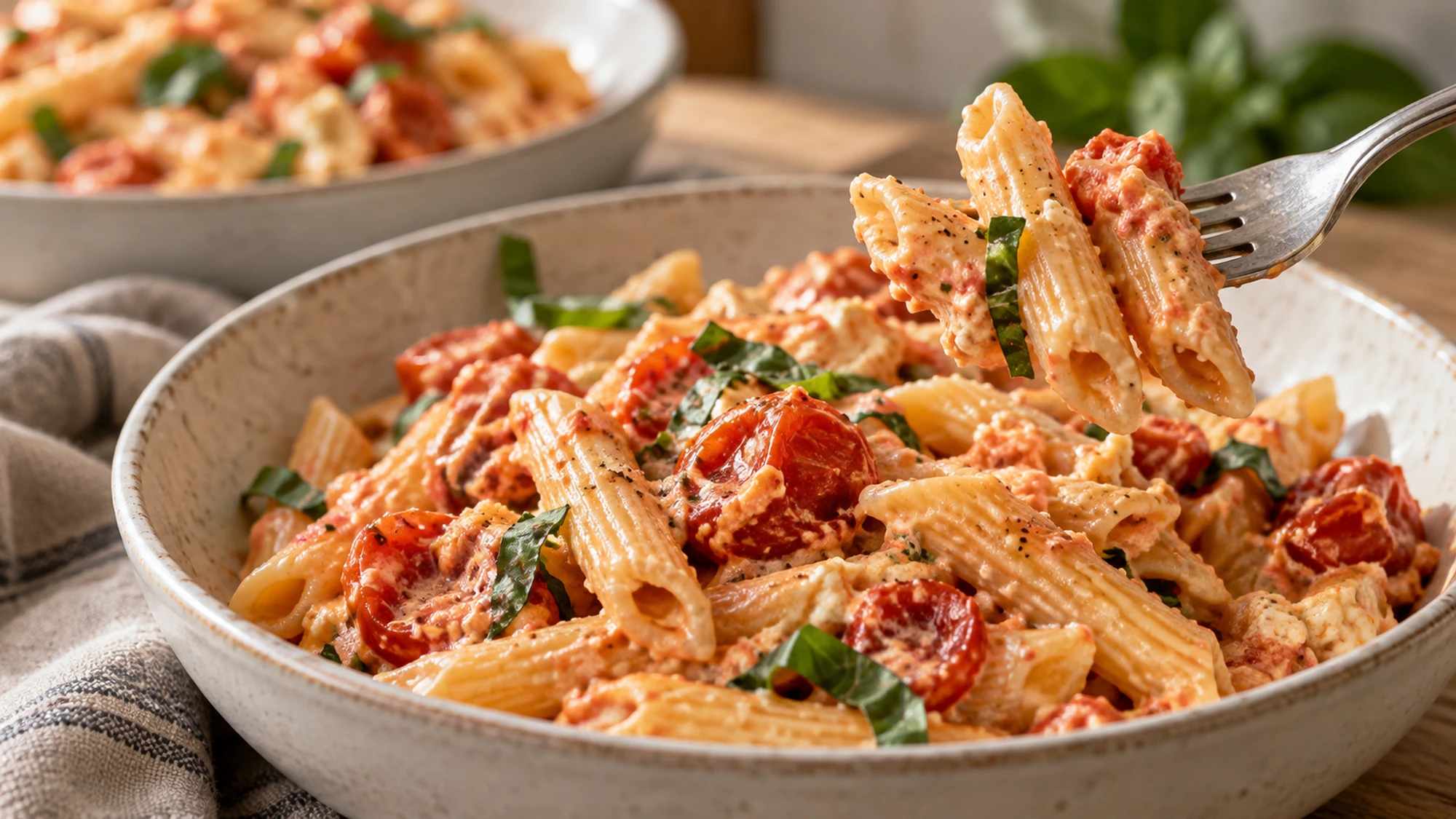 A fork holds saucy penne over individual bowls of baked feta pasta.