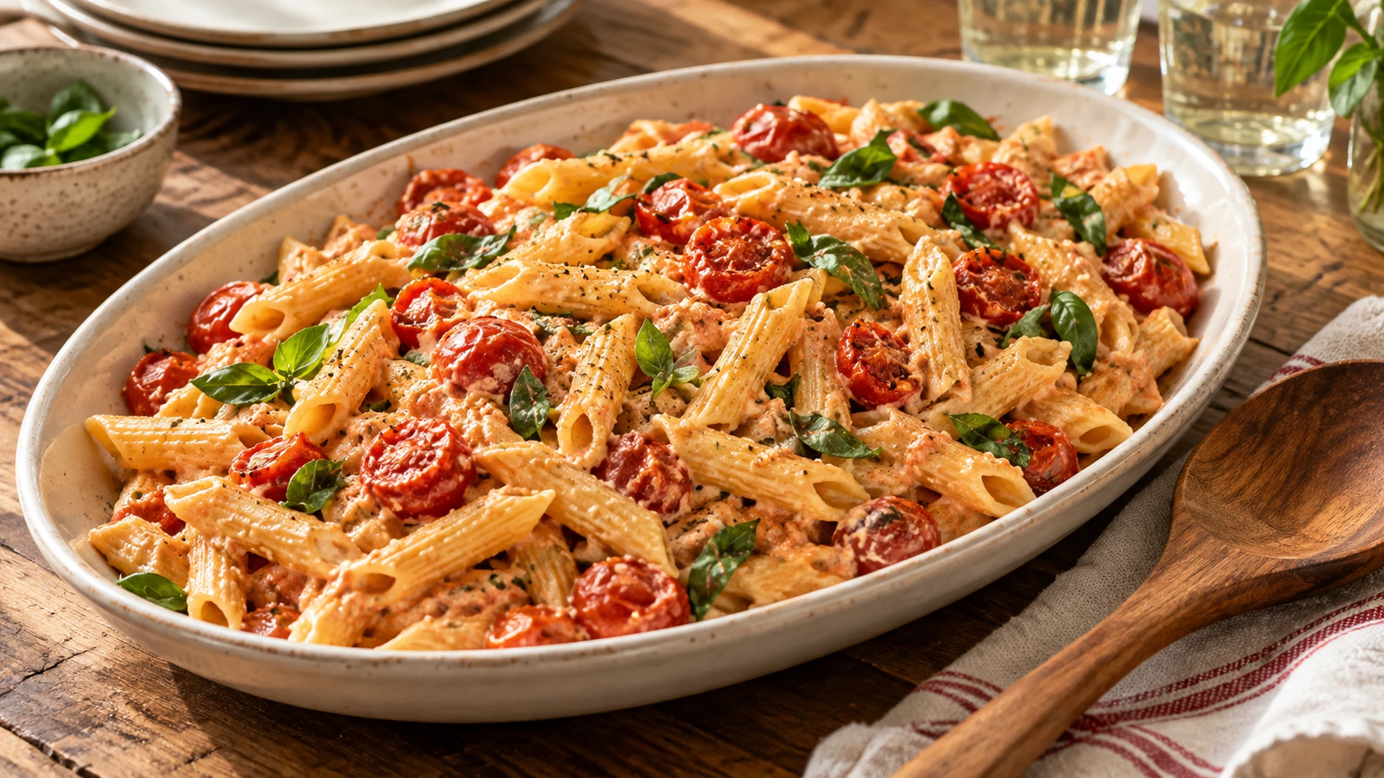 Creamy penne with roasted cherry tomatoes and torn basil on an oval serving platter.