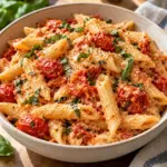 A square composition of baked feta pasta with creamy tomato sauce and basil.